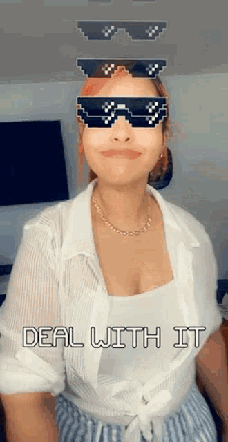 a woman wearing sunglasses with the words deal with it on the bottom