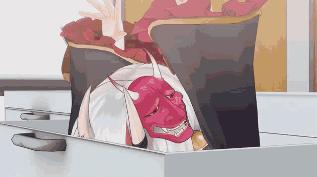 a cartoon character with horns and a red mask on their head
