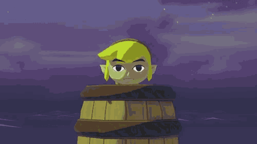 a cartoon character with a surprised look on his face is in a barrel