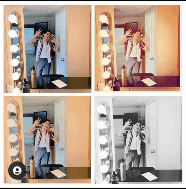 a man is taking a selfie in front of a mirror with lights on it .