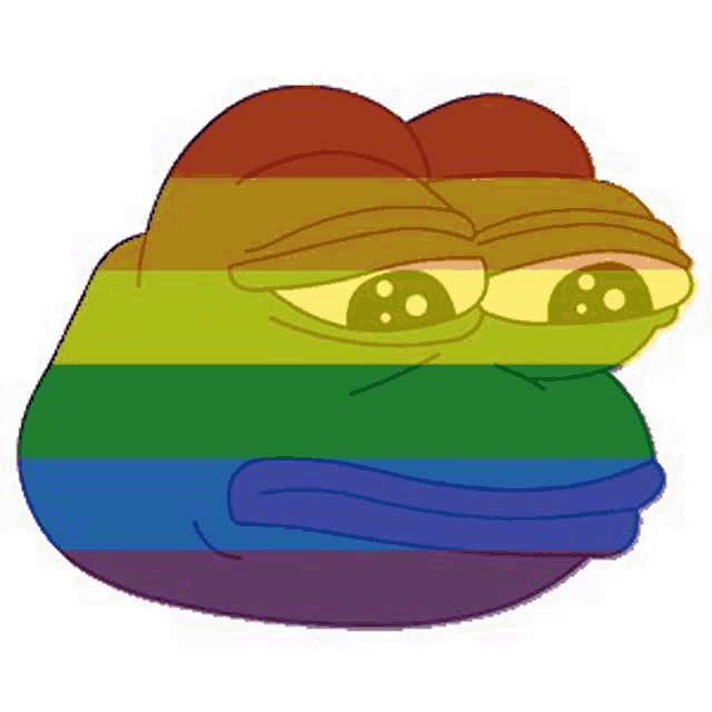 a cartoon frog with a rainbow flag on his face .