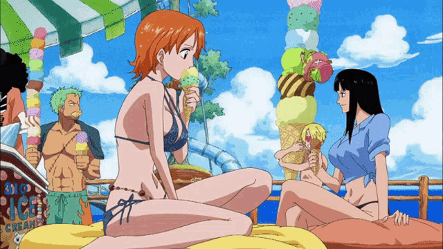 a woman in a bikini eating an ice cream cone next to a sign that says ice cream