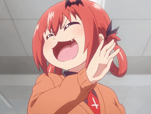 a girl with red hair has a bat on her head