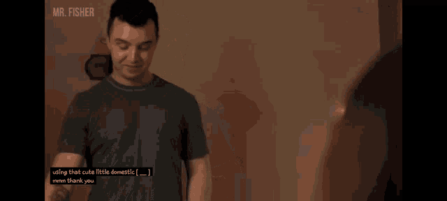 a man in a green shirt is standing in front of a mirror with the words mr. fisher on the bottom