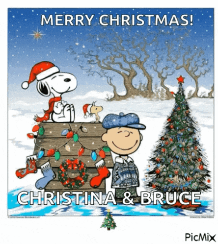 a christmas card with snoopy and charlie brown and the words merry christmas christina and bruce