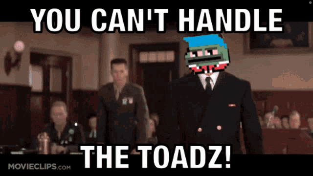 a man in a suit is standing in a courtroom with the words " you can 't handle the toadz " on the bottom