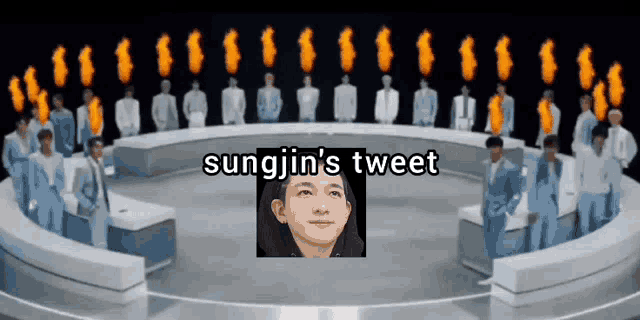 a group of people sitting around a table with the words sungjin 's tweet on top