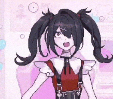 a pixel art of a girl with black hair and pigtails