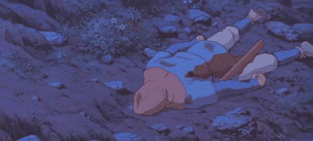a cartoon of a man laying on the ground with a wolf standing behind him
