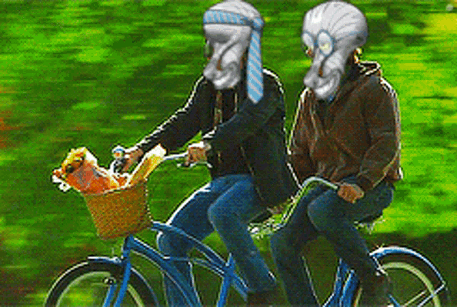 two people wearing masks are riding a tandem bike with a basket full of food