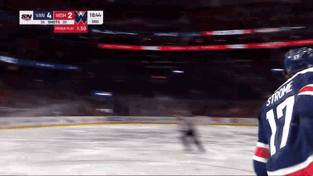 a hockey player wearing a number 17 jersey stands on the ice