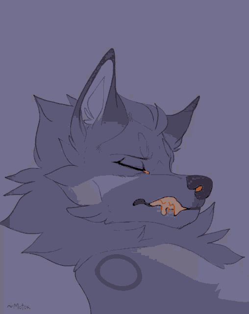 a drawing of a wolf with orange eyes and the name motox on the bottom right corner