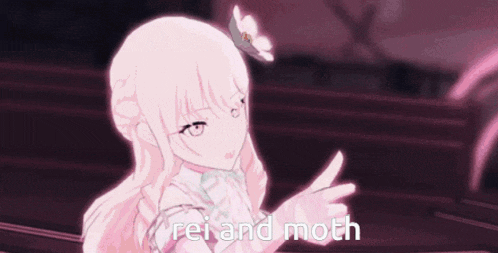 a pink anime girl with a flower in her hair and the words rei and moth written on the bottom of the image .