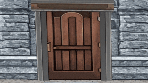 a wooden door against a stone wall with a canopy over it