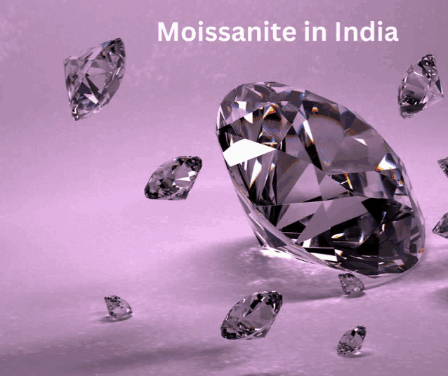 a diamond is surrounded by smaller diamonds and the words moissanite in india are above it