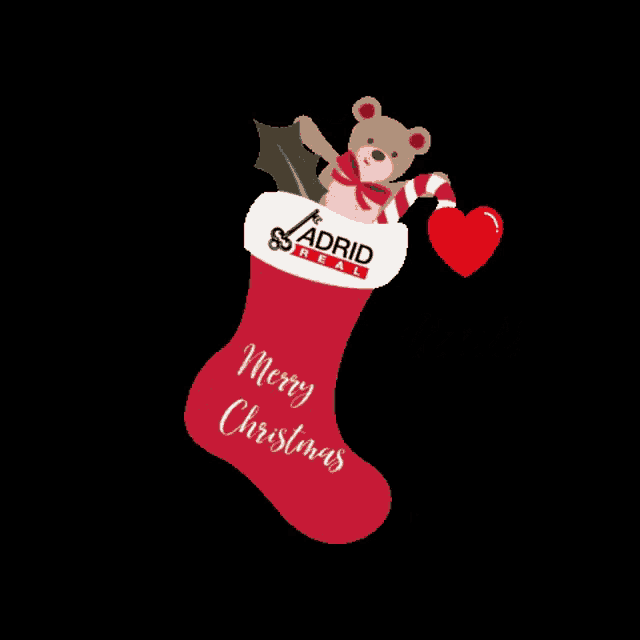 a red christmas stocking with a teddy bear and candy canes on it