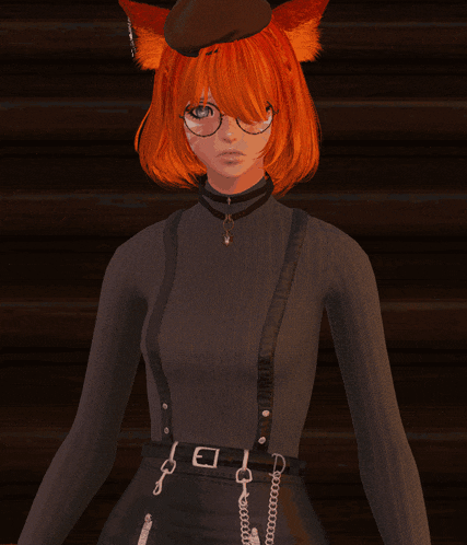 a girl with red hair and glasses is wearing suspenders and a hat