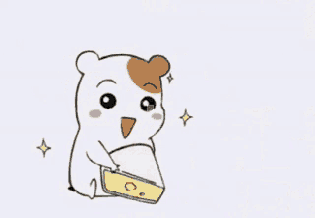 a cartoon hamster is holding a piece of cheese in its paws