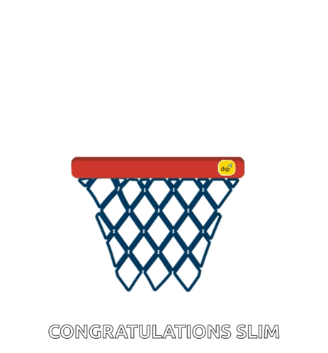 an illustration of a basketball going through a hoop and the words congratulations slim below it