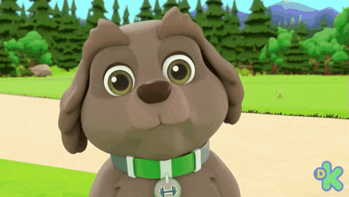 a cartoon dog with a green collar and a tag that says ' h ' on it