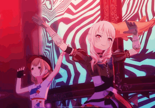 two anime girls are standing next to each other in front of a wall