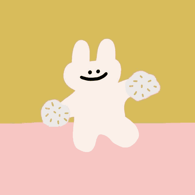 a drawing of a white bunny with blue pom poms in its hands