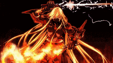 a woman with long blonde hair is holding a sword in her hand