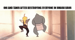 two cartoon characters are dancing in a hallway .