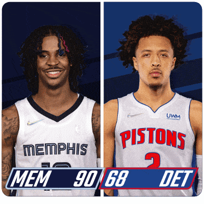 two basketball players with memphis and pistons jerseys