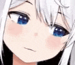 a close up of a anime girl 's face with blue eyes and white hair .