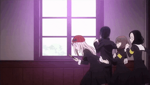 a group of anime girls are standing around a window .