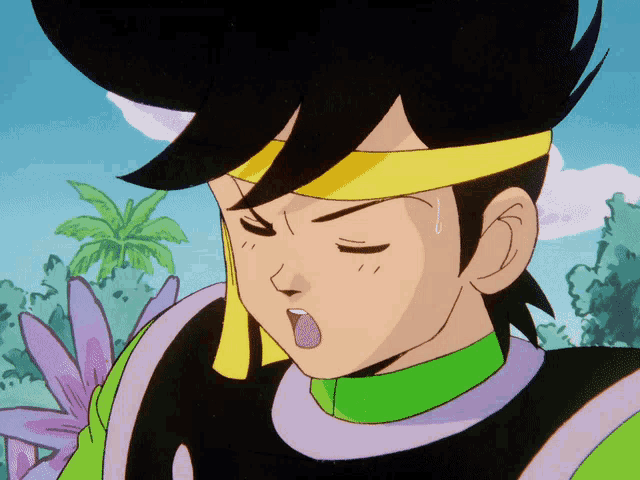 a close up of a cartoon character with a yellow band around his head