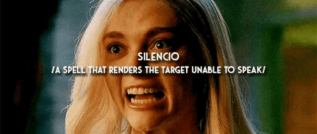 a close up of a woman 's face with a caption that says silencio