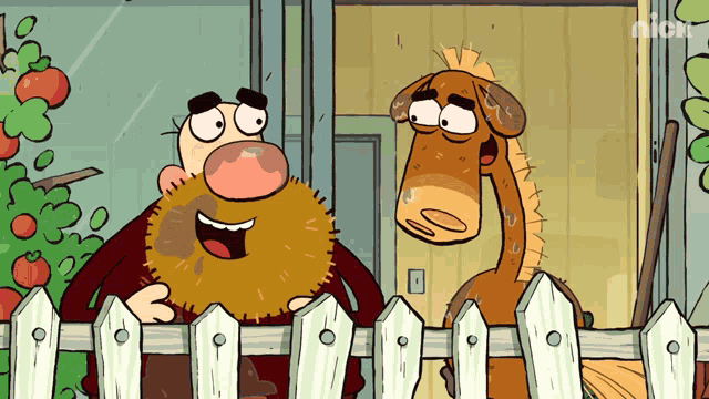 a cartoon of a man and a horse behind a fence with the nick logo visible