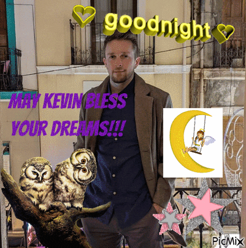 a man in a suit stands in front of a sign that says " may kevin bless your dreams "