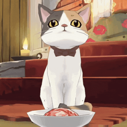 a cat with a bow tie sits next to a bowl of meat
