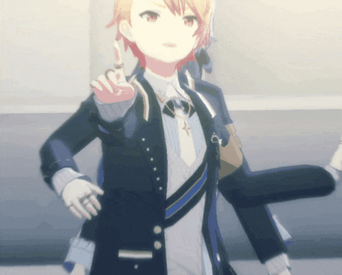 a girl with red hair is wearing a suit and tie and giving a peace sign