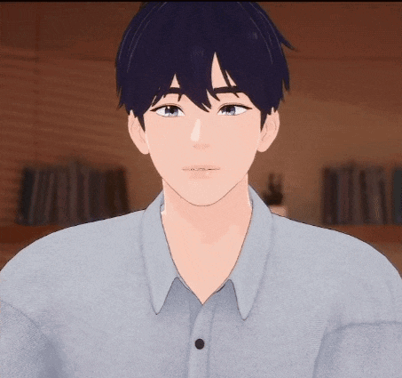 a computer generated image of a boy with blue hair and a grey shirt