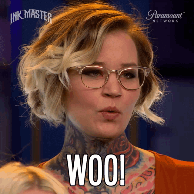 a woman wearing glasses says woo on a paramount network advertisement
