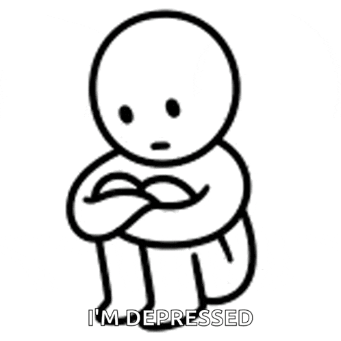 a black and white drawing of a sad cartoon character with the words `` i 'm depressed '' written below him .