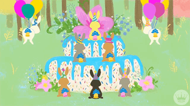 a bunch of rabbits standing around a birthday cake with balloons