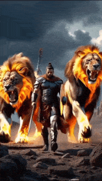 a man in armor is walking between two lions with fire coming out of their mouths .