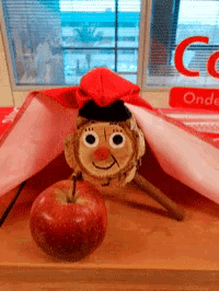 a stuffed animal is sitting next to an apple and a sign that says " onde "