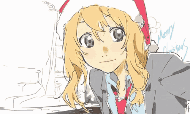 a drawing of a girl wearing a santa hat with merry christmas written below her