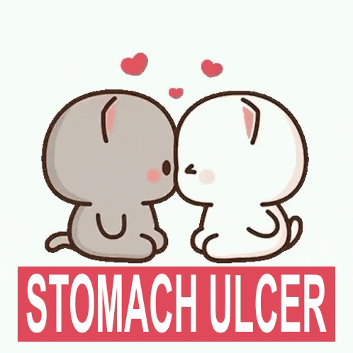 a cartoon of two cats kissing with the words stomach ulcer written below them