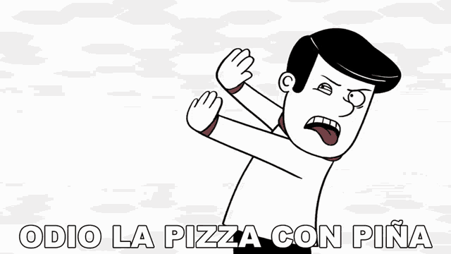 a cartoon of a man holding a slice of pizza and the words odio la pizza con pina