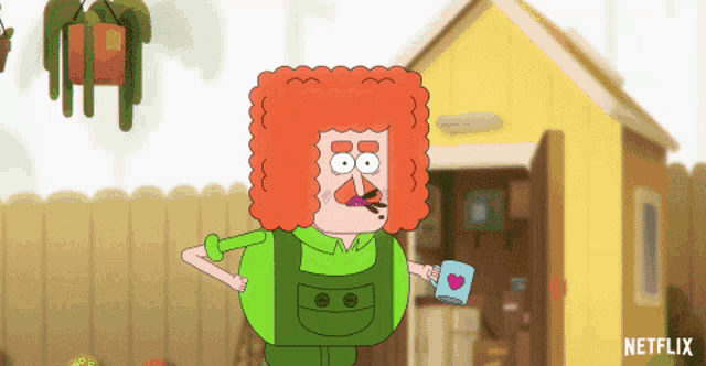 a cartoon character with red hair and a mustache is holding a cup with a heart on it