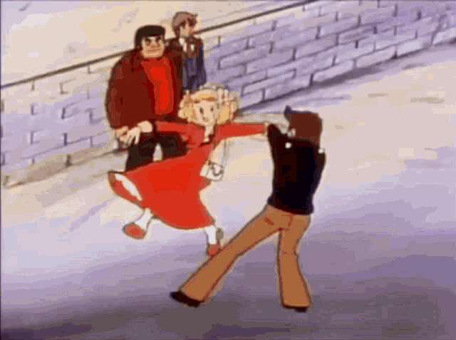 candy cane is dancing with a man in front of a brick wall .