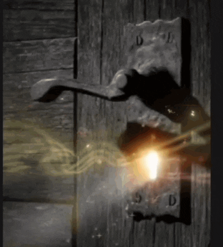 a wooden door with a metal handle and a light coming out of it