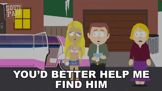 a south park cartoon shows a woman in a bra standing next to a man and woman
